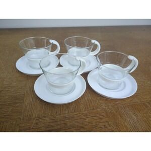Set of 4 - Retro Bodum Glass Coffee Tea Mugs White Plastic Handle w/ Coasters